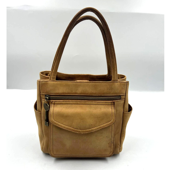 FOSSIL Vintage Tan Leather Satchel Removable Straps Zippered Pockets Crossbody - Picture 2 of 14